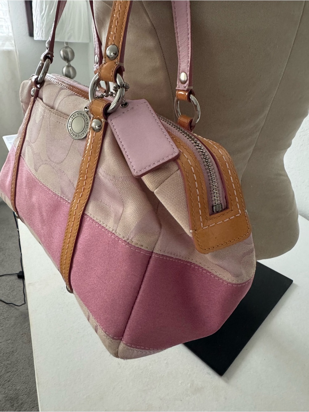 Coach Signature Stripe Boston Satchel Pink Canvas Duffle Y2K Bag F13551 - Picture 4 of 14